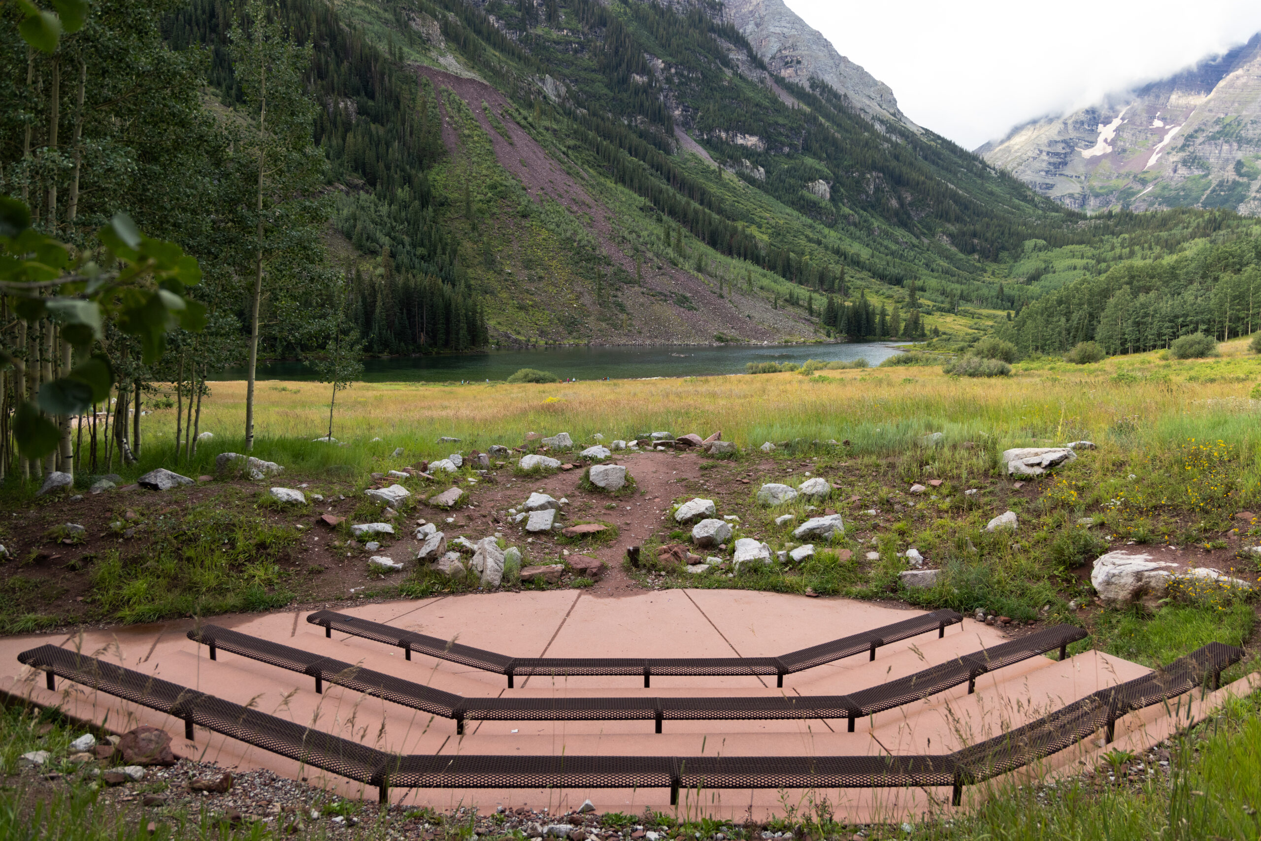 Maroon Bells Amphitheater with a view of Maroon Lake and the mountains behind